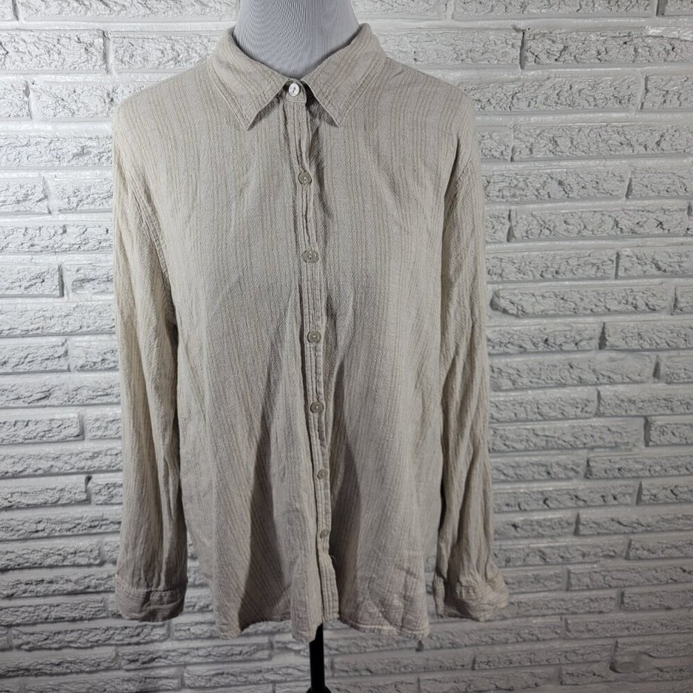 Orvis Womens Top Extra Large Roll Tab Sleeve Beige Stripe Linen Rayon STR60E